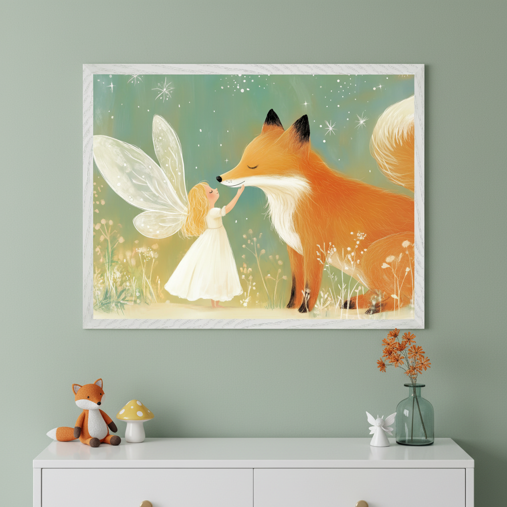 Modern kid's bedroom with a sage green wall and white dresser. A framed whimsical print of a fairy touching a fox's nose hangs centered above the dresser. On the dresser are a vase, wooden fox, clock, and mushroom plush.