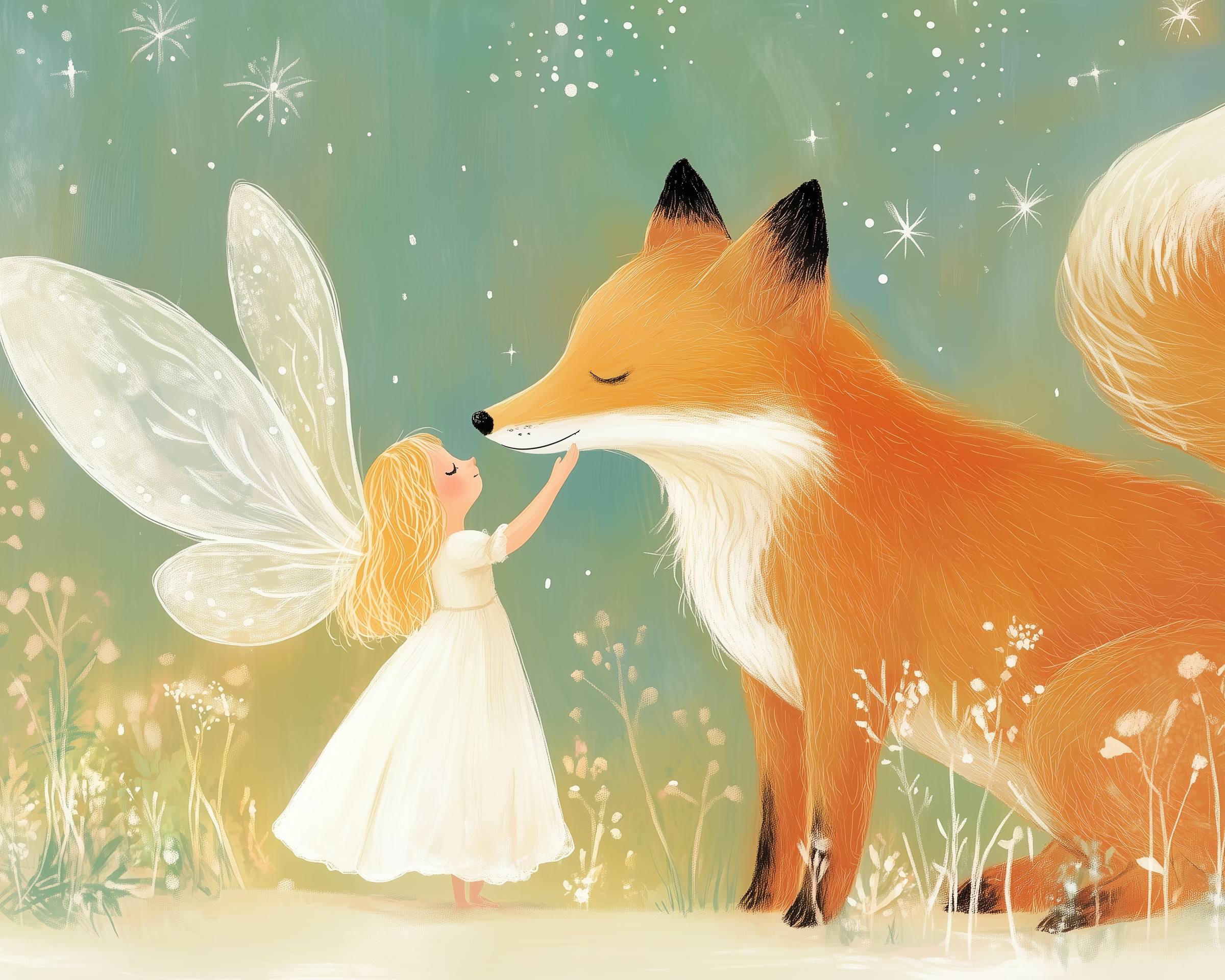 A whimsical illustration depicts a small fairy with delicate wings and flowing blonde hair gently touching the nose of a large, serene fox. The fairy wears a white dress, and they stand amidst soft, pastel-colored wildflowers under a sky sprinkled with twinkling stars.