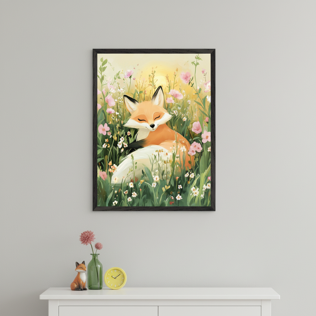 Modern room with a white dresser displaying a fox figurine, small vase, and yellow clock. A black-framed digital painting of a sleeping fox in a wildflower meadow hangs centered above the dresser.