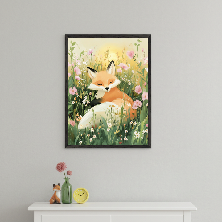 Modern room with a white dresser displaying a fox figurine, small vase, and yellow clock. A black-framed digital painting of a sleeping fox in a wildflower meadow hangs centered above the dresser.