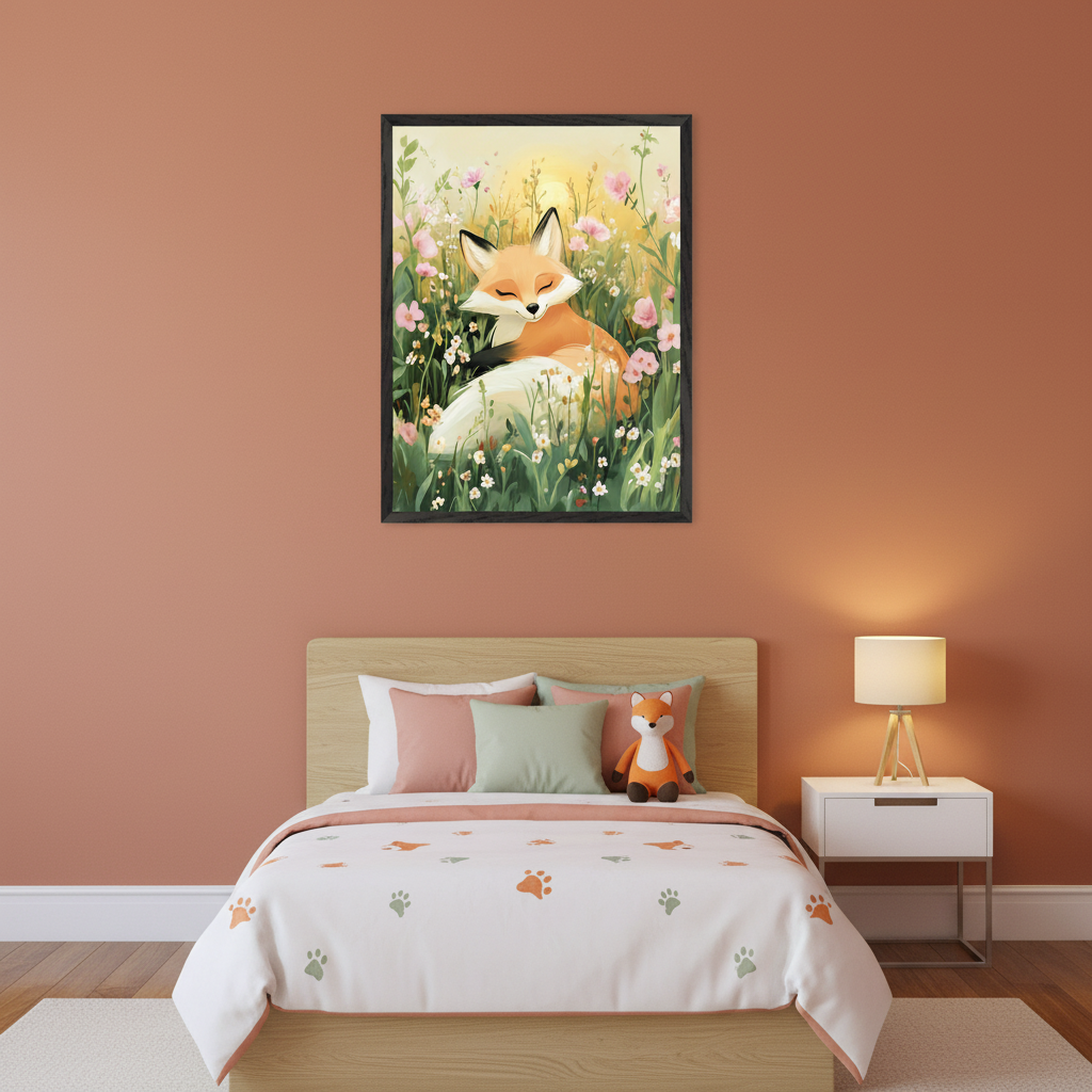 Kid's bedroom with dusty rose walls and a light wood bed. A framed illustration of a sleeping orange fox in a field of flowers hangs above the bed. The bed has paw print bedding and a fox plush. A white nightstand with a lamp is on the right.