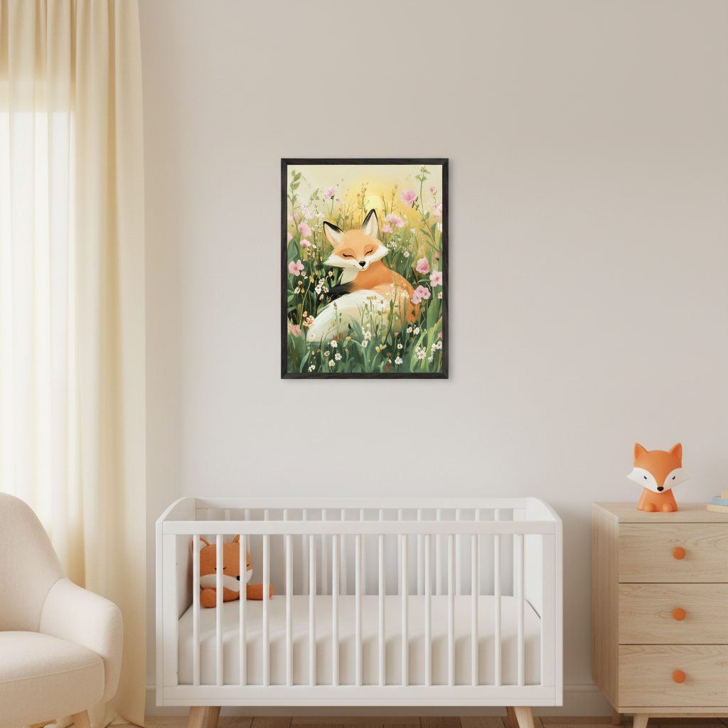 Modern nursery with a white crib, cream armchair, and wooden dresser. A framed whimsical illustration of a sleeping orange fox in a flower field hangs on the wall, above the crib.