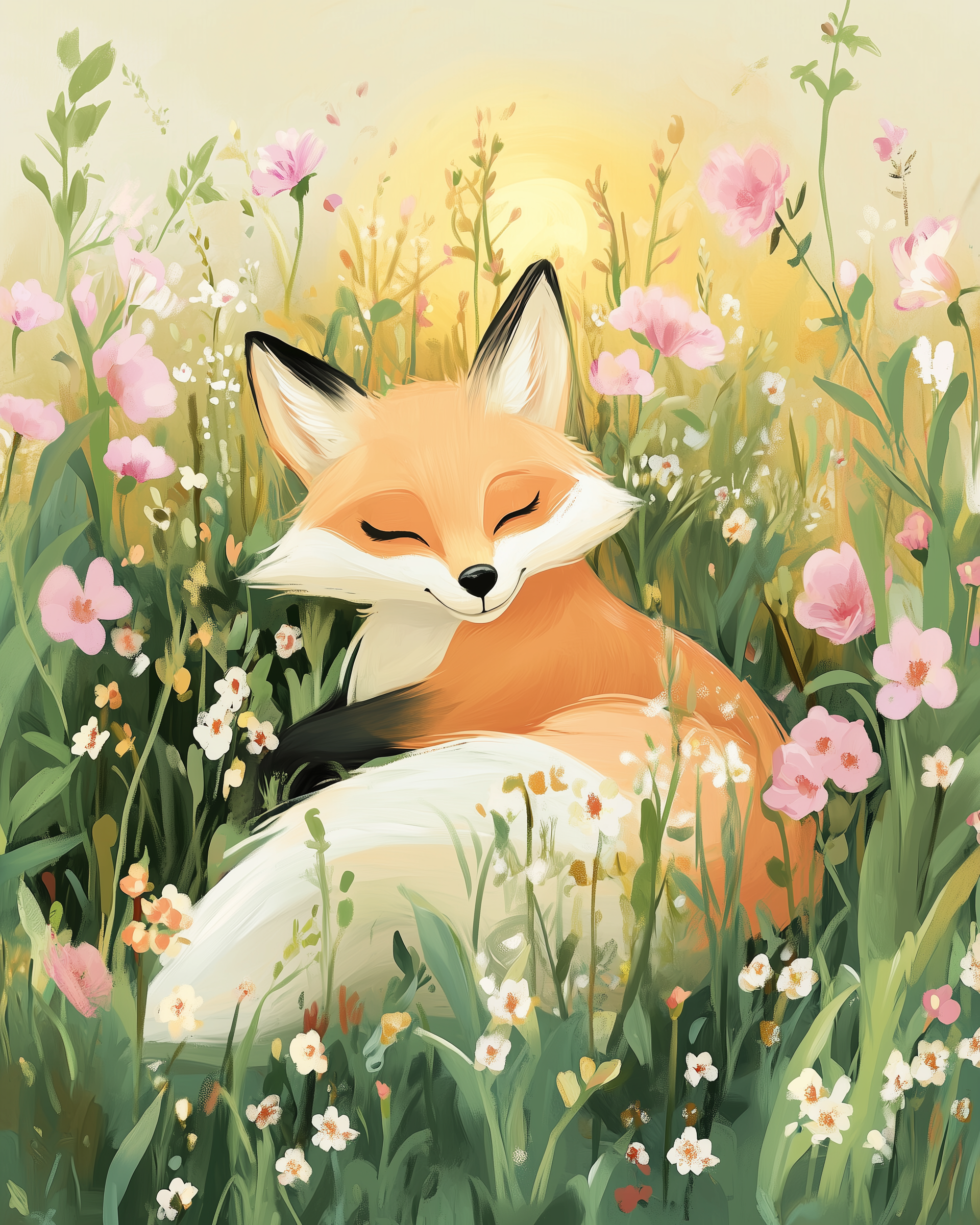 A serene illustration of a content fox resting among a vibrant meadow of pink and white flowers, with a soft, golden glow in the background.