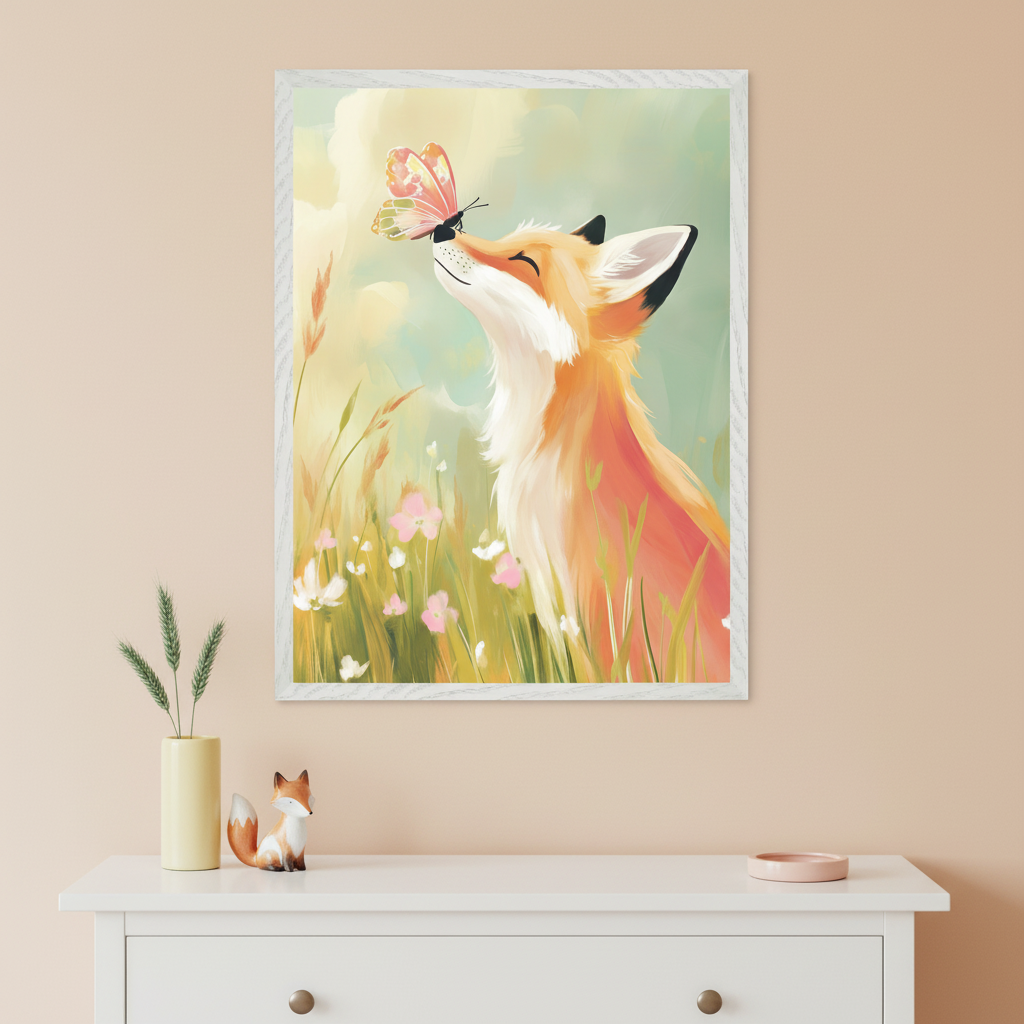 Kid's room with a white dresser against a light green wall. A large framed print featuring a painterly fox with a butterfly on its nose in a flower field hangs centered above the dresser. A stuffed fox and decorative vase sit on the dresser.