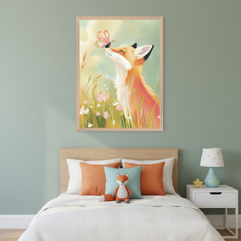 Kid's bedroom with a wooden bed, white bedding, orange and blue pillows, and a fox plush. A large framed painted art of a fox with a butterfly on its nose in a flowery field hangs above the bed. A white nightstand with a star lamp is to the right.