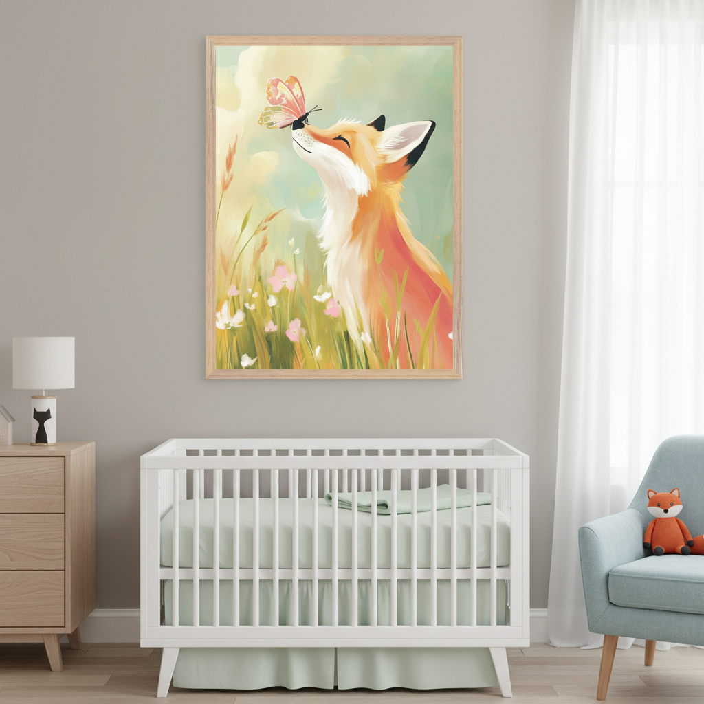 Modern nursery with a white crib, light wood dresser, and blue armchair. A large framed illustration of an orange fox with a butterfly on its nose, smiling in a field of flowers, hangs centered above the crib.