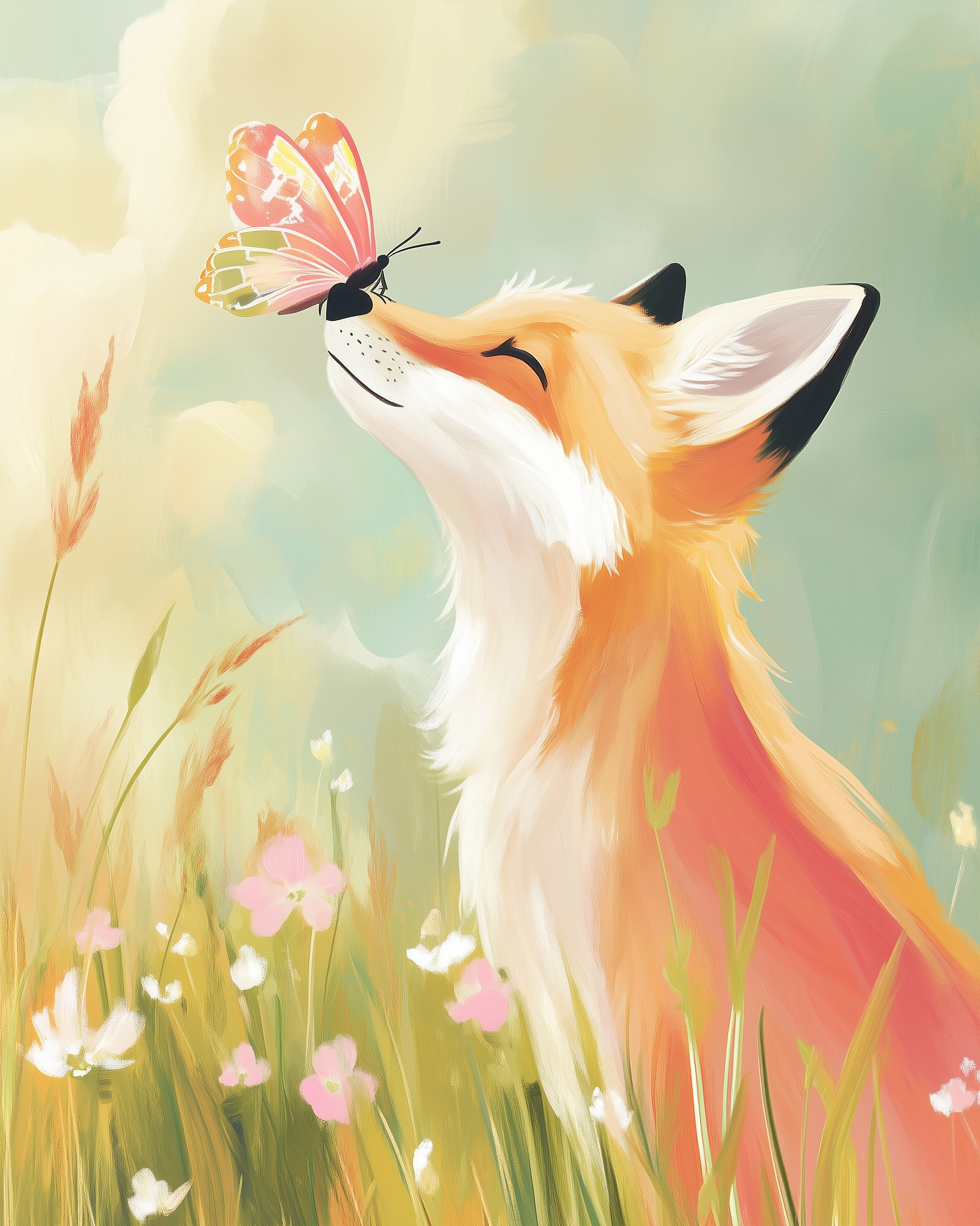 A whimsical illustration of a fox with closed eyes, smiling as a colorful butterfly gently rests on its nose. The fox is surrounded by a field of tall grasses and delicate pink and white flowers, under a soft, pastel sky.