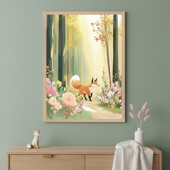 A red fox walks along a sun-dappled forest path lined with blooming pink and cream flowers, set against tall, softly painted trees. The artwork rests on a modern desk, partially surrounded by wrapping supplies.