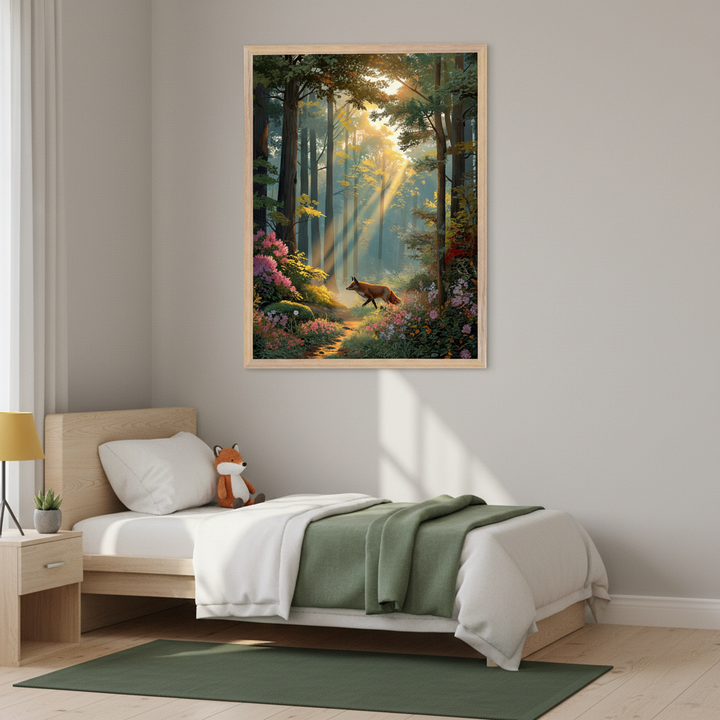 Kid's bedroom with a light wood single bed with white and green bedding. A matching nightstand with a yellow lamp is to the left. Above the bed hangs a large framed painting of a sunlit forest with a fox walking on a path surrounded by colorful flowers, in a realistic style.