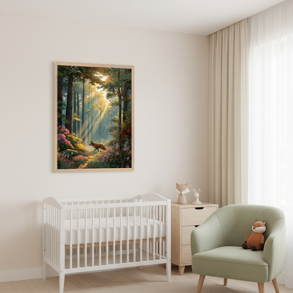Modern nursery with a white crib, light wood dresser, and green armchair. Above the crib, a light wood framed forest art shows sunlight shining through trees onto a path where a fox walks among pink flowers.