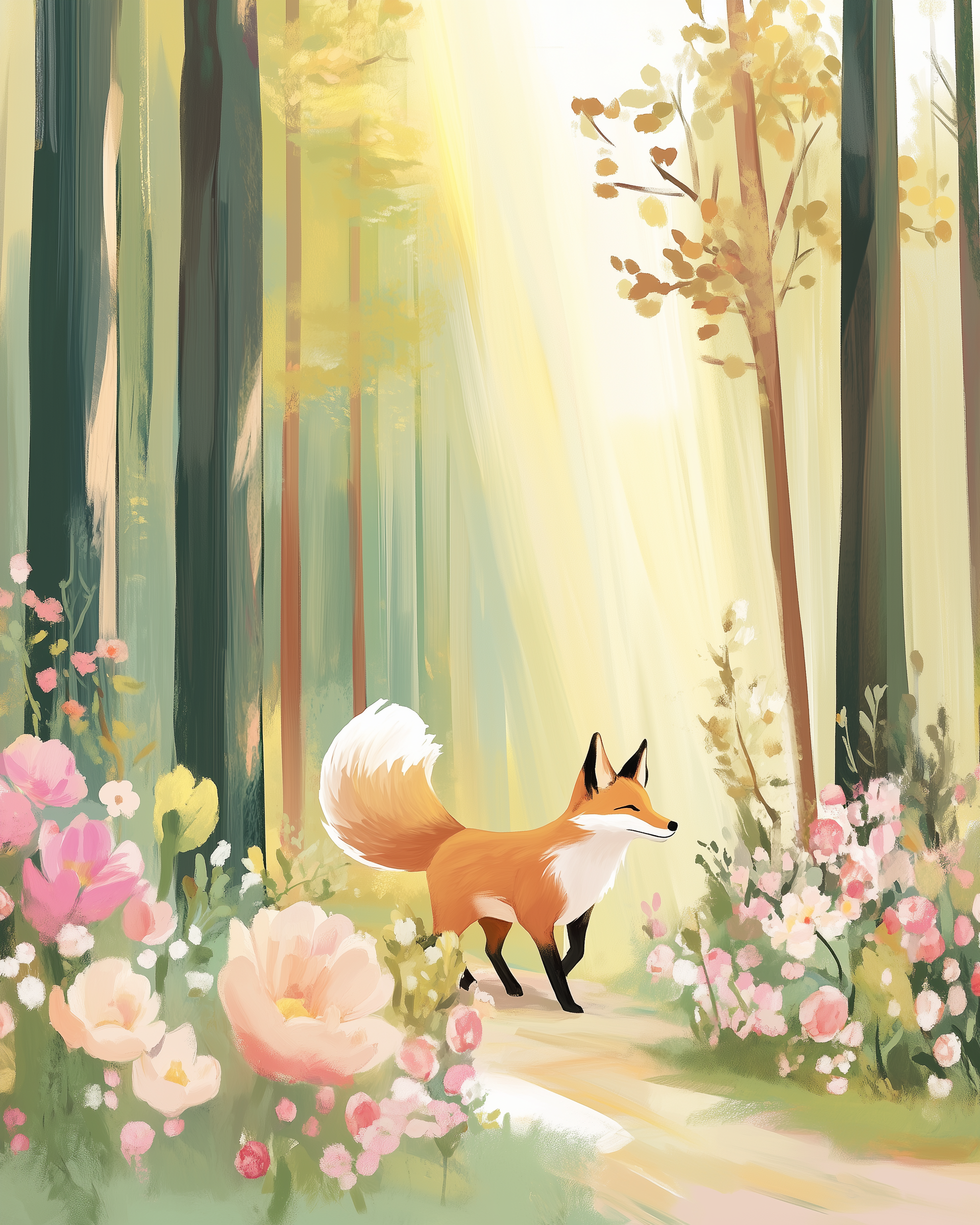 A whimsical illustration of a fox walking through a sunlit forest path, surrounded by vibrant pink and white flowers. Tall trees with golden leaves frame the scene, creating a serene and magical atmosphere.