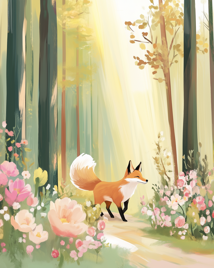A whimsical illustration of a fox walking through a sunlit forest path, surrounded by vibrant pink and white flowers. Tall trees with golden leaves frame the scene, creating a serene and magical atmosphere.