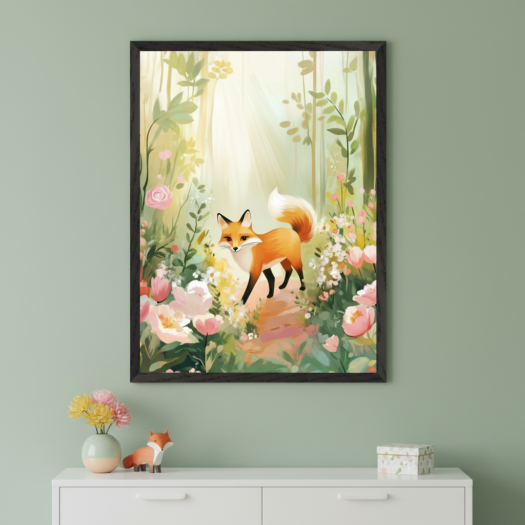 Whimsical fox stands on a flower-lined forest path, surrounded by soft pink blossoms and lush greenery as sunlight filters through the trees. The artwork is displayed in a white frame and rests on a fluffy rug among cardboard boxes and tissue paper, hinting at a recent unboxing.