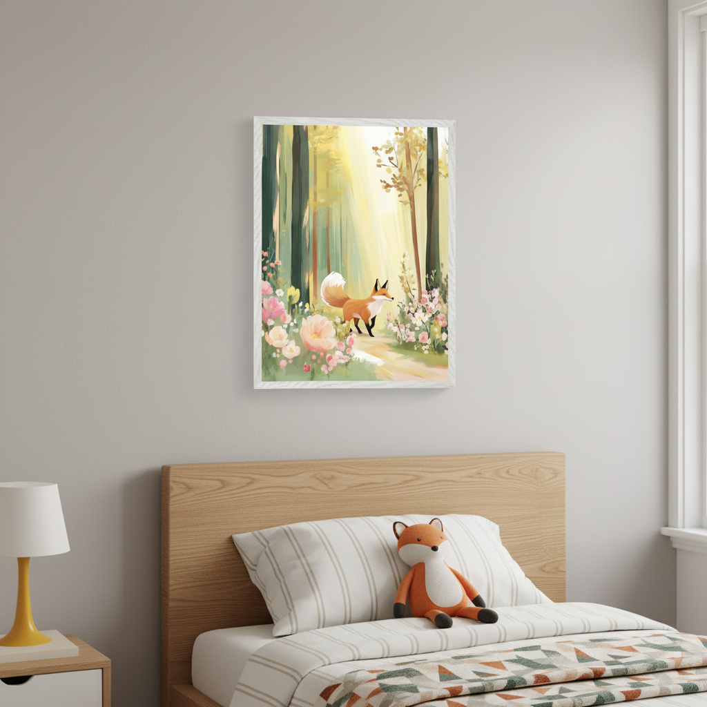 Kid's bedroom with a wooden bed and a white nightstand. Above the bed hangs a framed illustration of an orange fox walking a path through a sunlit forest with pink flowers. A stuffed fox sits on the bed.