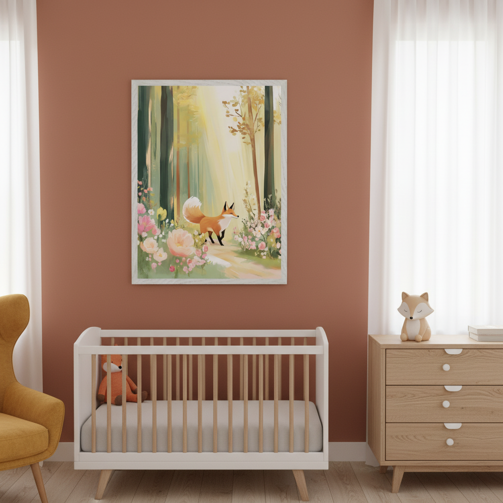 Modern nursery with a white crib, yellow armchair, and light wood dresser. A framed painting of a fox on a sunlit forest path with pink flowers hangs centered above the crib.