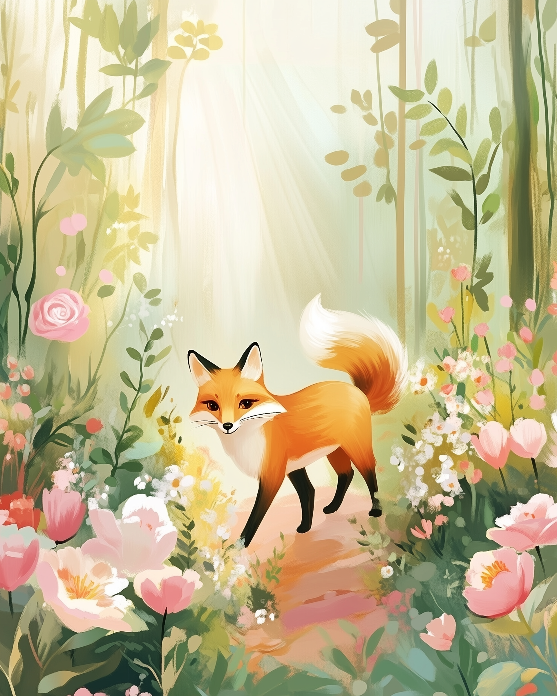 A charming fox with a bushy tail strolls through a vibrant, flower-filled forest path, surrounded by pink and white blossoms under soft, dappled sunlight.