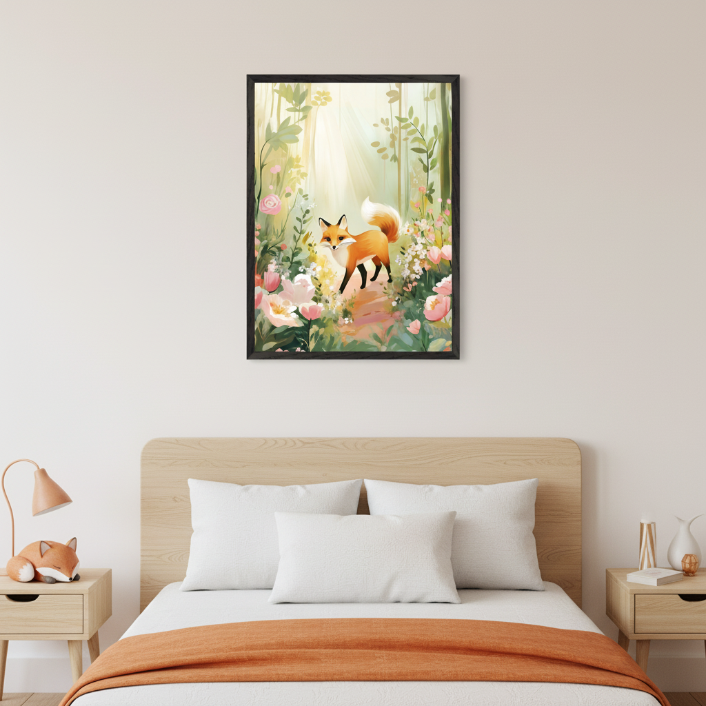 Modern bedroom with a light wood bed, white pillows, and an orange throw blanket. Two nightstands flank the bed. Centered above the bed is a framed, bright illustration of an orange fox with a white tail walking on a path through a lush garden filled with pink and white flowers, under sunlit trees.