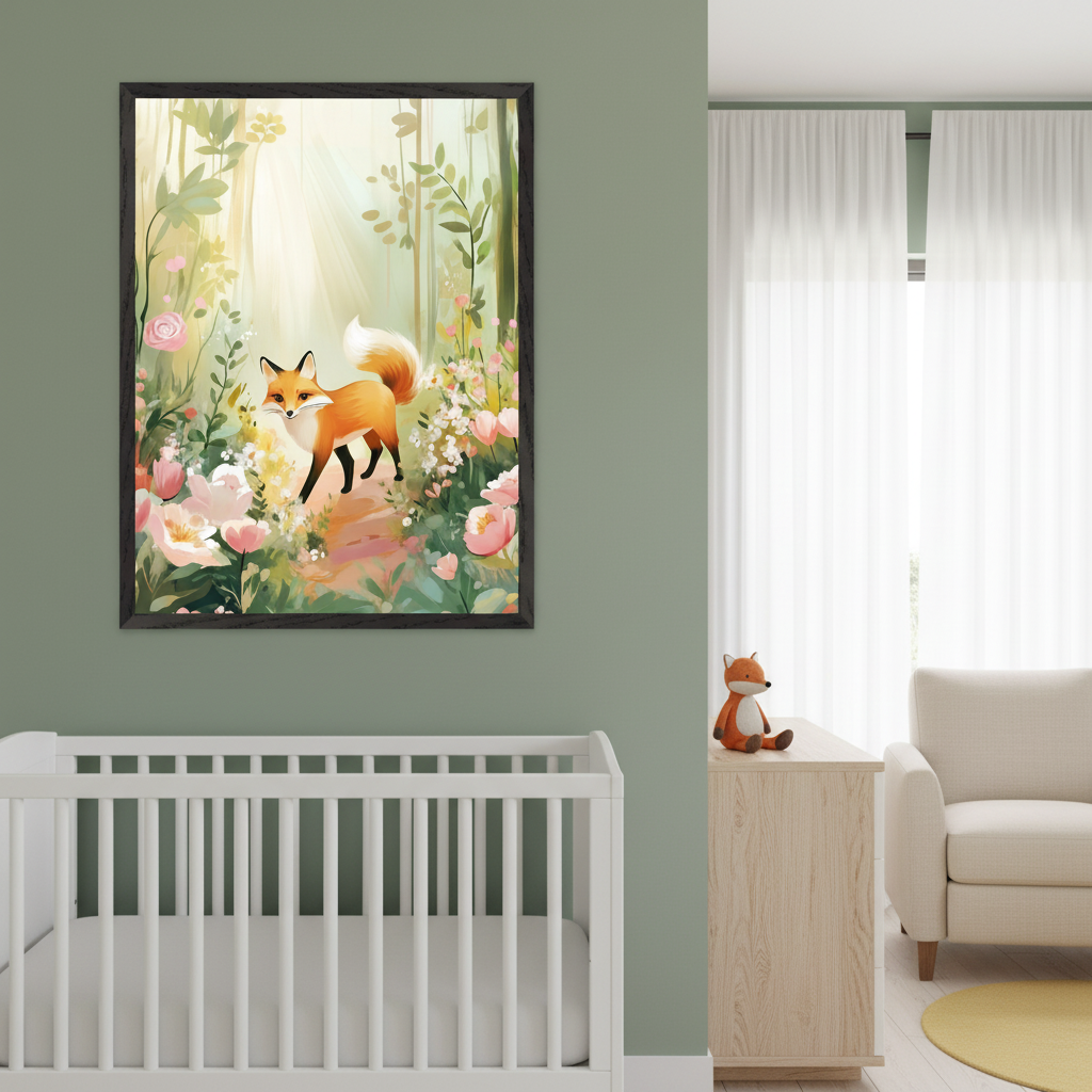 Green nursery with a white crib, light wood dresser, and cream armchair. Above the crib hangs a large framed illustration of an orange fox walking in a sunny, floral forest filled with pink and white flowers.