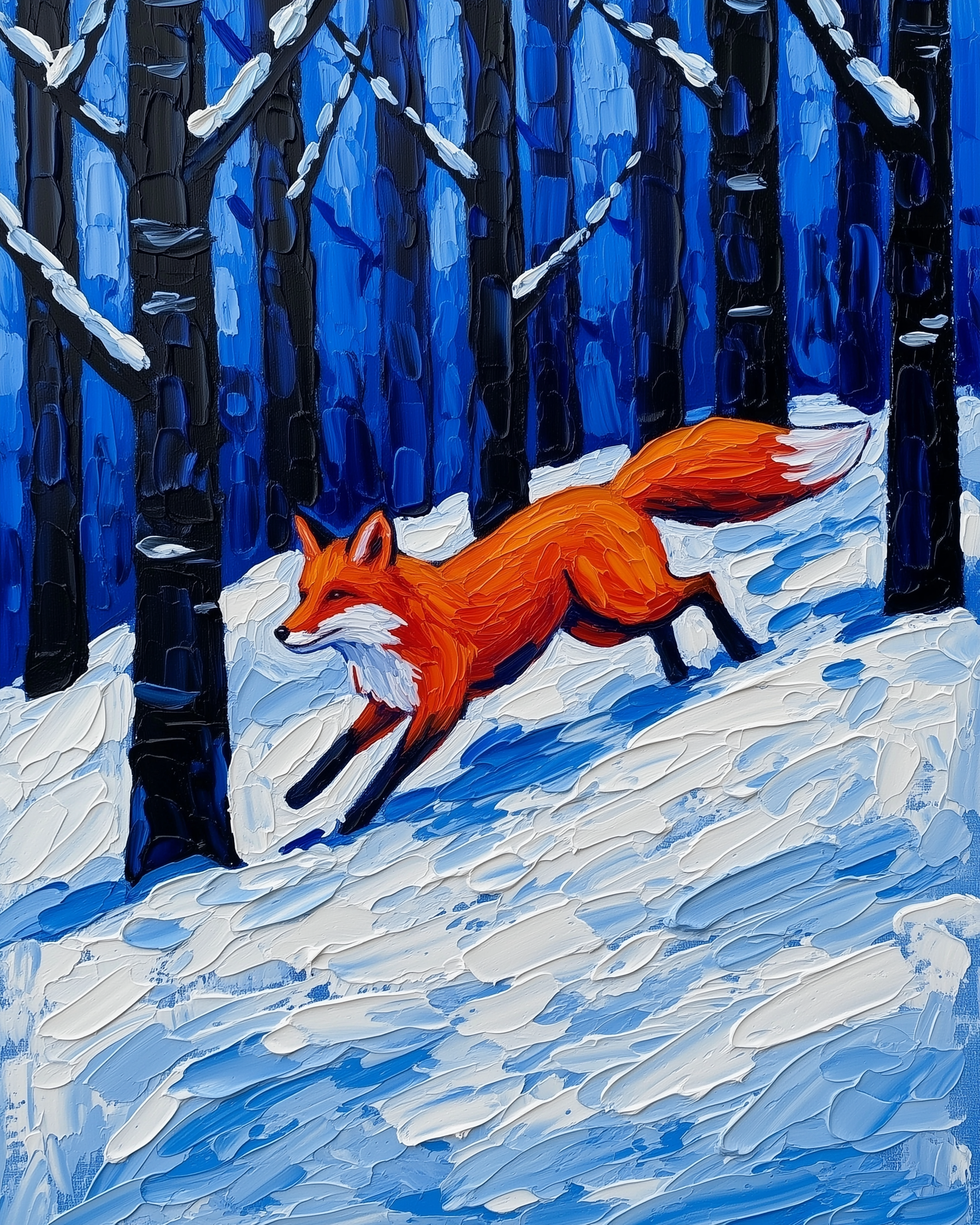 A vibrant painting depicts a red fox bounding through a snowy forest, surrounded by dark tree trunks dusted with snow. The rich blue and white hues of the snow and sky create a striking contrast with the fox's fiery orange fur.