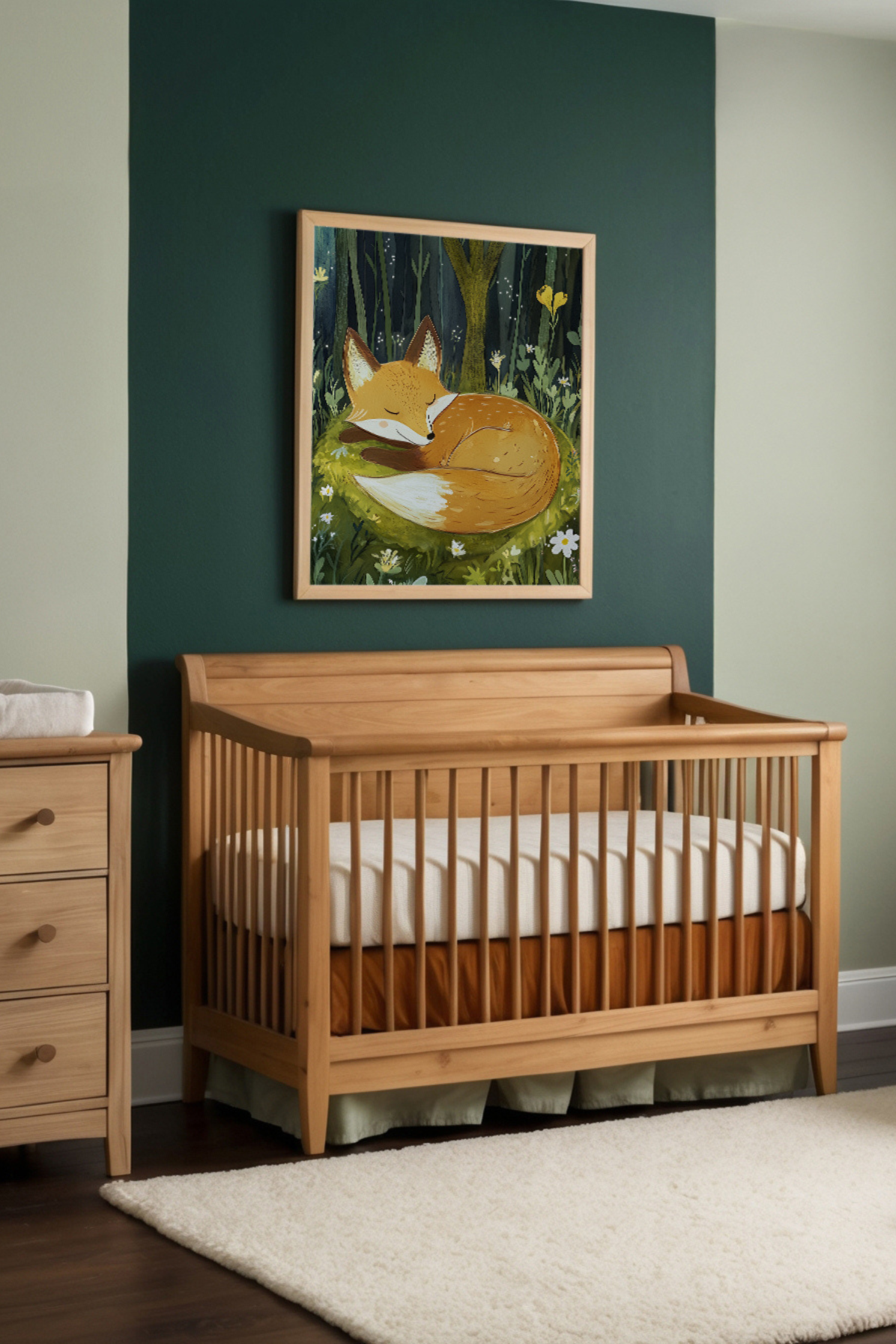 Cozy nursery with calming green walls and natural wooden furniture, featuring adorable wall art of a peaceful fox curled up sleeping in a woodland meadow filled with wildflowers. Soft textures and simple décor enhance the room's soothing and inviting feel.
