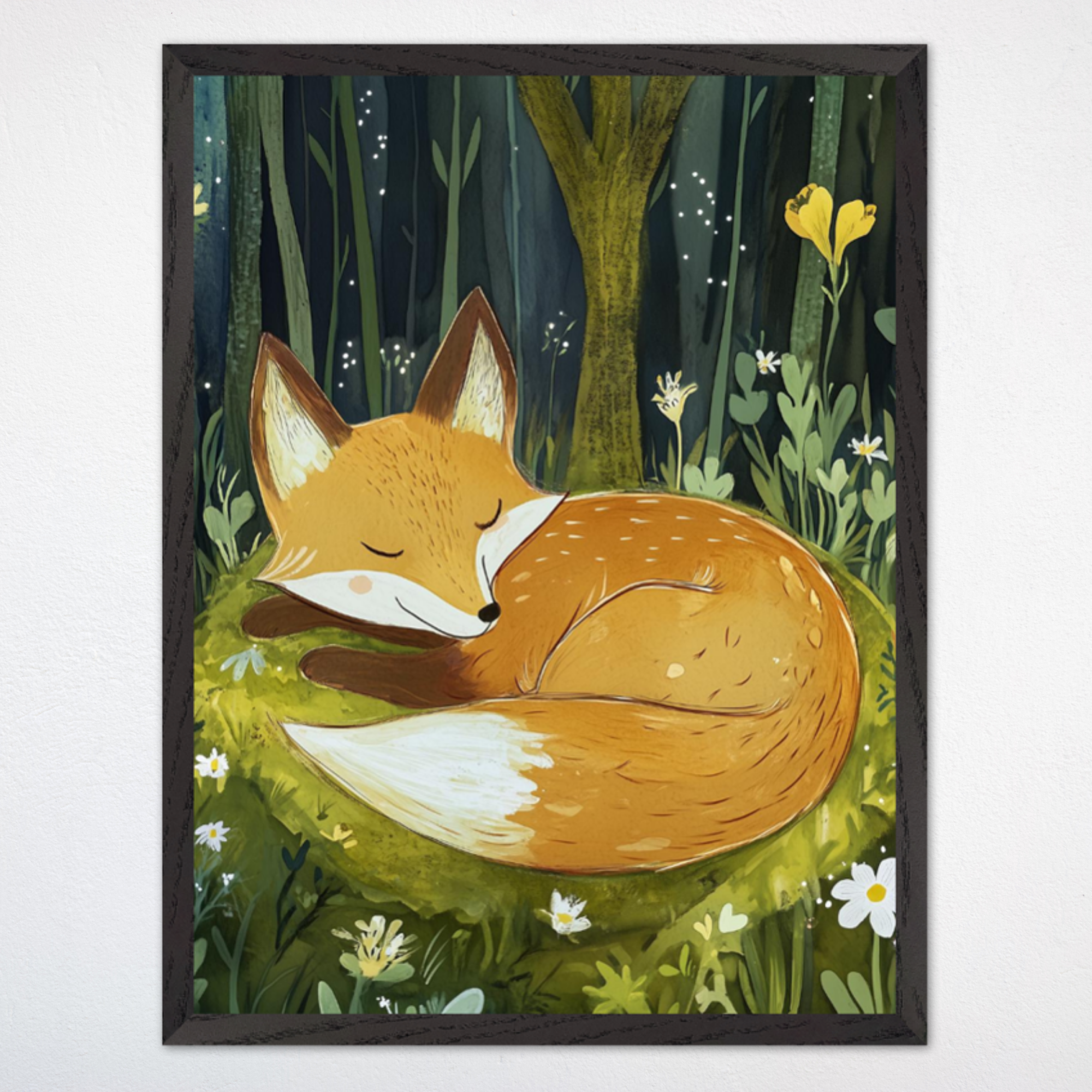 A sweet illustration of a sleepy fox curled up peacefully in a lush forest clearing, surrounded by wildflowers, greenery, and gentle beams of light. This calming and whimsical scene is perfect for nursery or children's room decor.