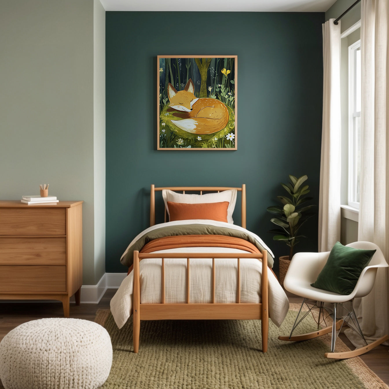 Child's bedroom styled with warm earth tones, wooden furniture, and soft textures, showcasing whimsical wall art of a peaceful fox sleeping in a meadow of flowers. The space radiates tranquility, ideal for rest and relaxation.