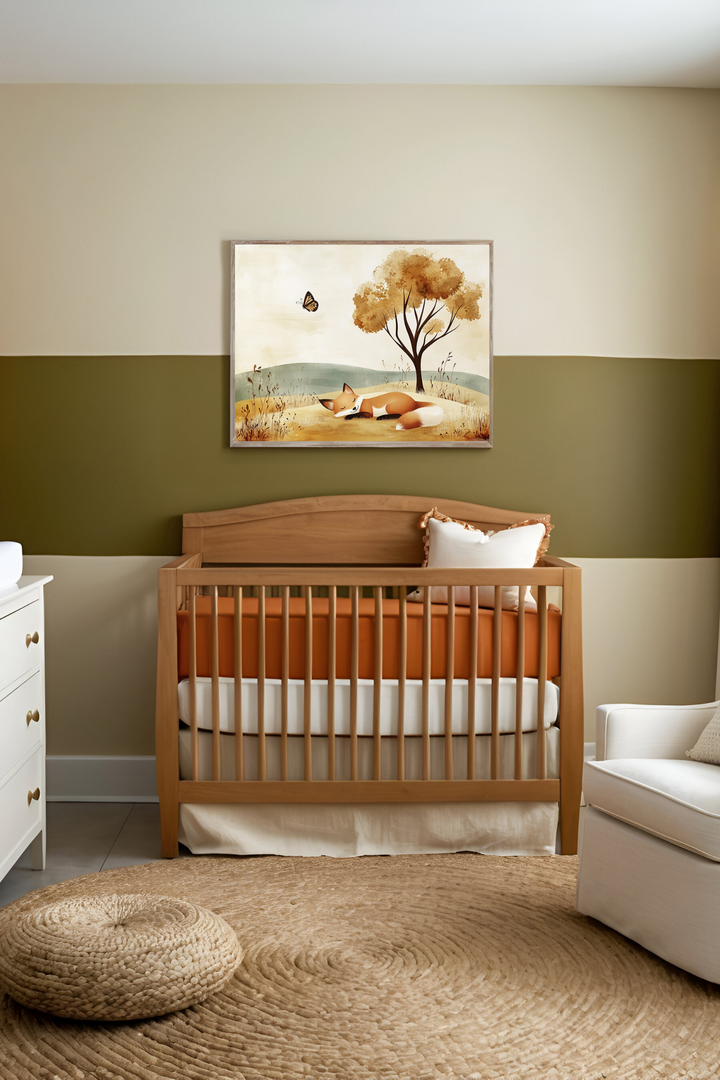 A cozy nursery featuring a wooden crib with soft, rust-colored bedding and neutral accents. Above the crib hangs a gentle illustration of a sleeping fox beneath a golden tree, complementing the room’s earthy, calming decor.