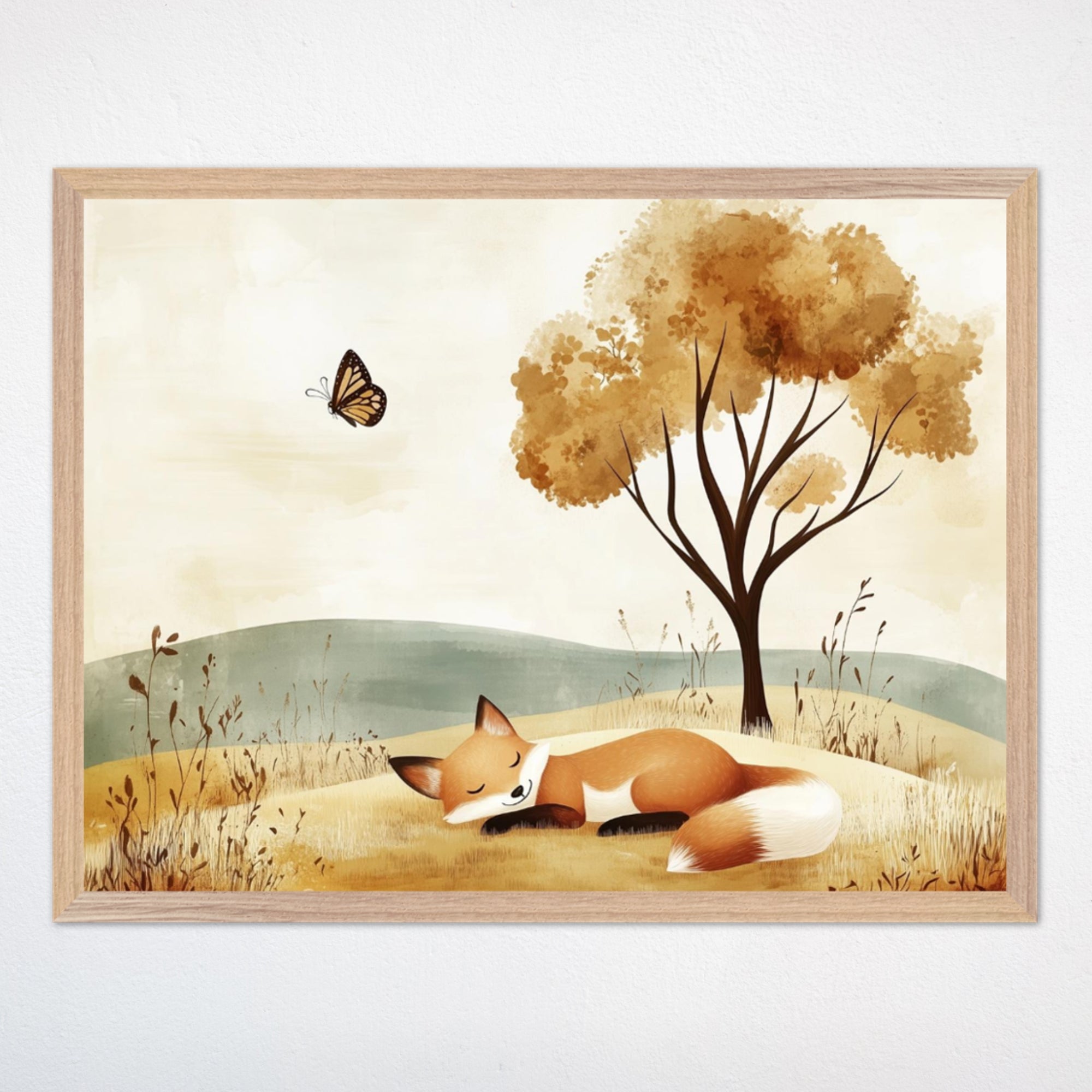 Illustration of a peaceful fox sleeping beneath a golden-hued tree in a serene grassy meadow. A butterfly gently floats nearby, enhancing the calming atmosphere of the scene.