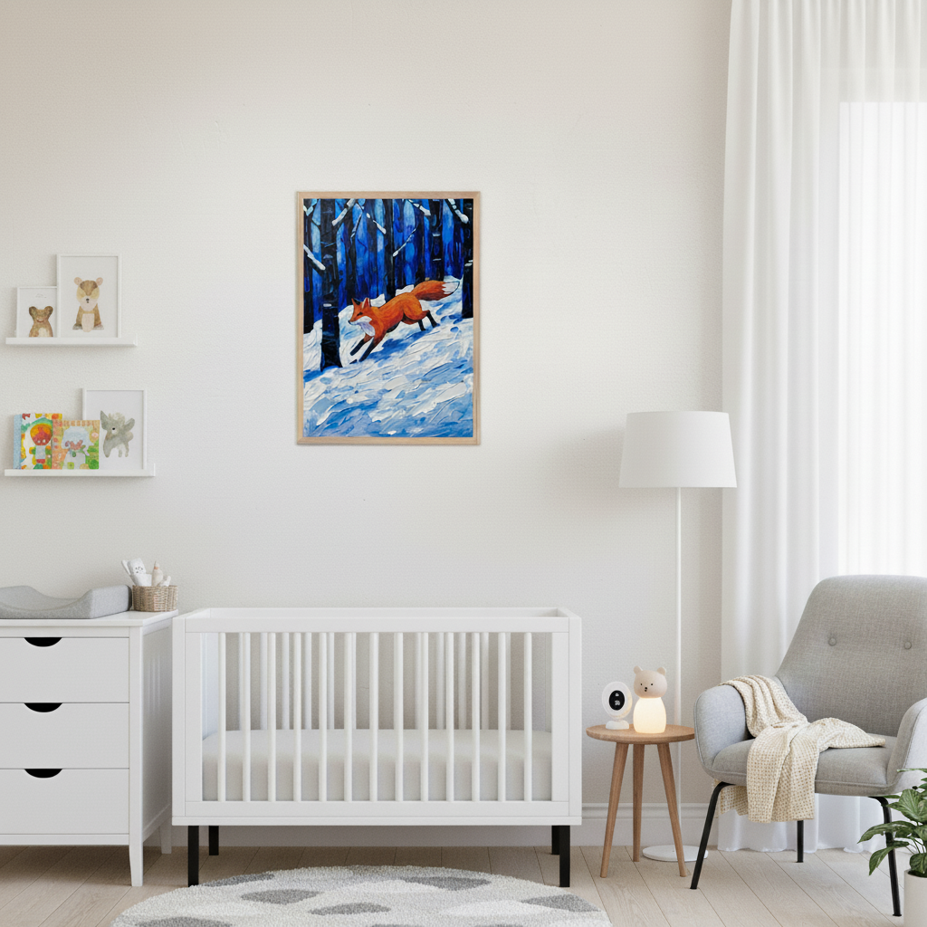 Bright nursery with a white crib and dresser, and a gray armchair. A framed illustration of a reddish-orange fox running in deep snow through a dark blue forest hangs on the wall, centered above the crib and dresser.