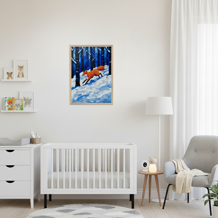 Bright nursery with a white crib and dresser, and a gray armchair. A framed illustration of a reddish-orange fox running in deep snow through a dark blue forest hangs on the wall, centered above the crib and dresser.