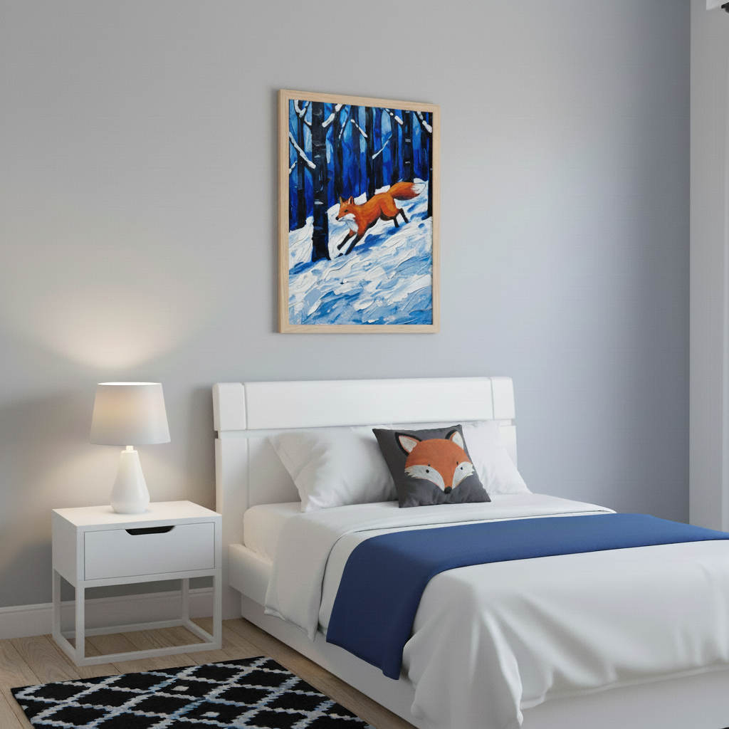 Modern bedroom with a white bed and nightstand. A framed textured art of an orange fox running through a snowy, blue-treed forest hangs centered above the bed. A fox-themed pillow is on the bed.