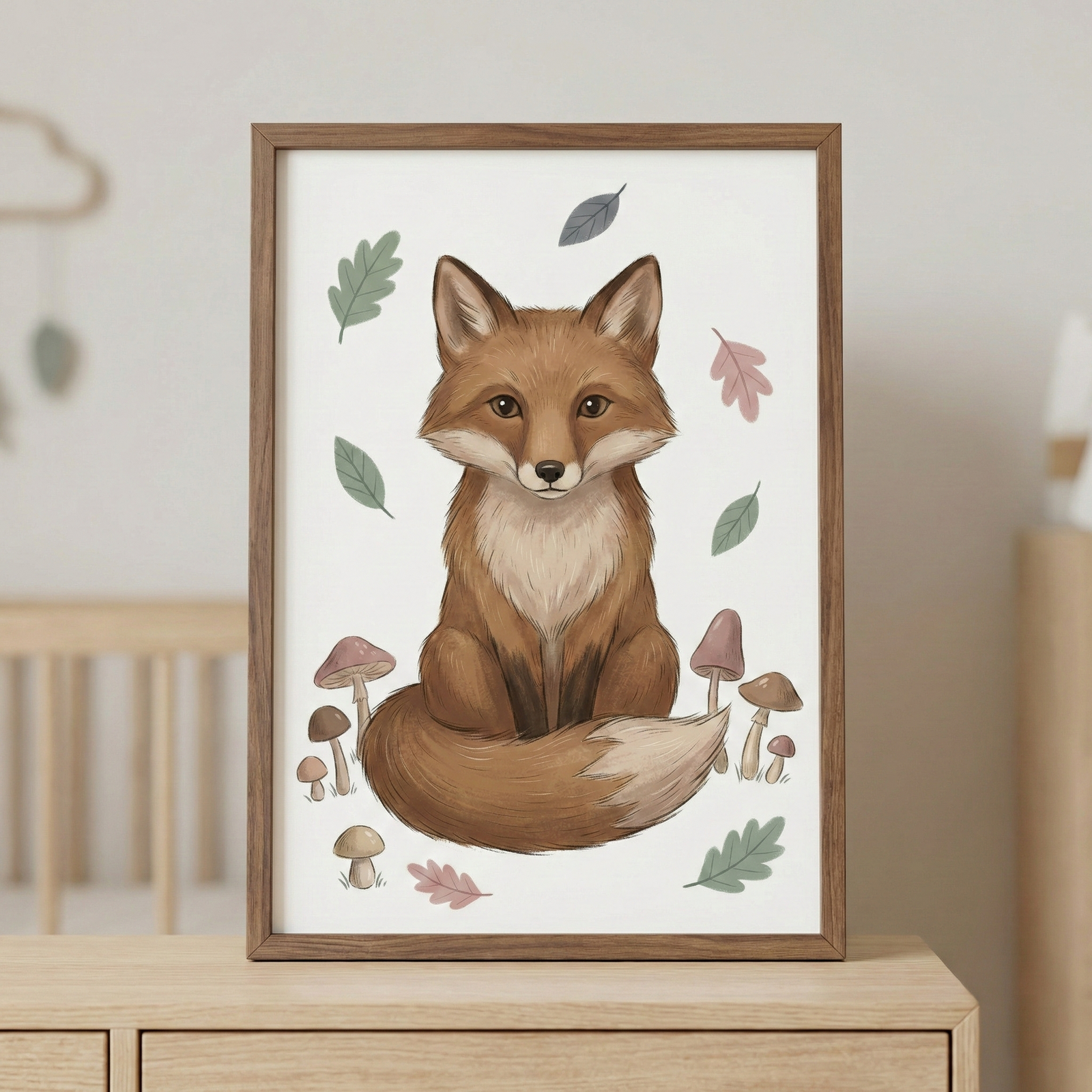 A framed piece of art showing a hand-drawn illustration of a cute reddish-brown fox sitting upright. The fox has a bushy tail wrapped around its front and is surrounded by a few scattered leaves in green and muted pink. At the bottom, several small mushrooms of various sizes are clustered near the fox. The artwork is held within a simple wooden frame and sits on a light wood dresser. In the soft-focus background, a wooden crib is partially visible against a white wall.
