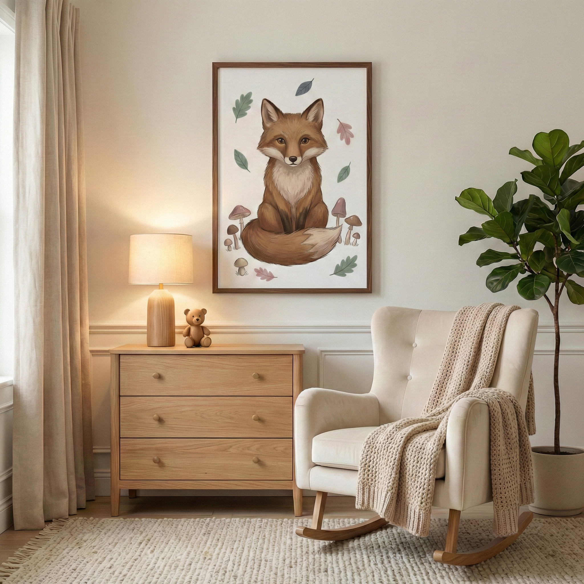 A cozy nursery features a large framed illustration of a friendly fox surrounded by fall leaves and mushrooms hanging on a neutral wall. Below the artwork sits a light wood dresser with three drawers, topped with a small wooden lamp and a tiny brown teddy bear. To the right, a cream-colored rocking chair is draped with a chunky knit beige throw. A large green potted plant adds a natural touch. The room is completed with beige curtains and a textured neutral rug, creating a warm and calming atmosphere.