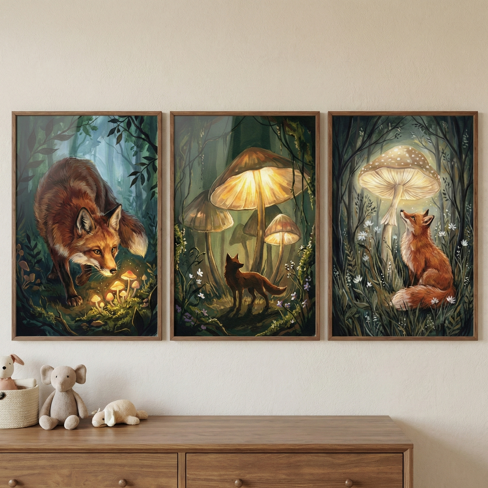 Three framed vertical art pieces are displayed side-by-side on an off-white wall. Each piece features a whimsical forest scene with a red fox and glowing mushrooms. The first illustration on the left shows a large fox leaning down toward a cluster of small, luminous mushrooms. The center illustration depicts a smaller fox standing beneath several towering, umbrella-like mushrooms that emit a warm light. 