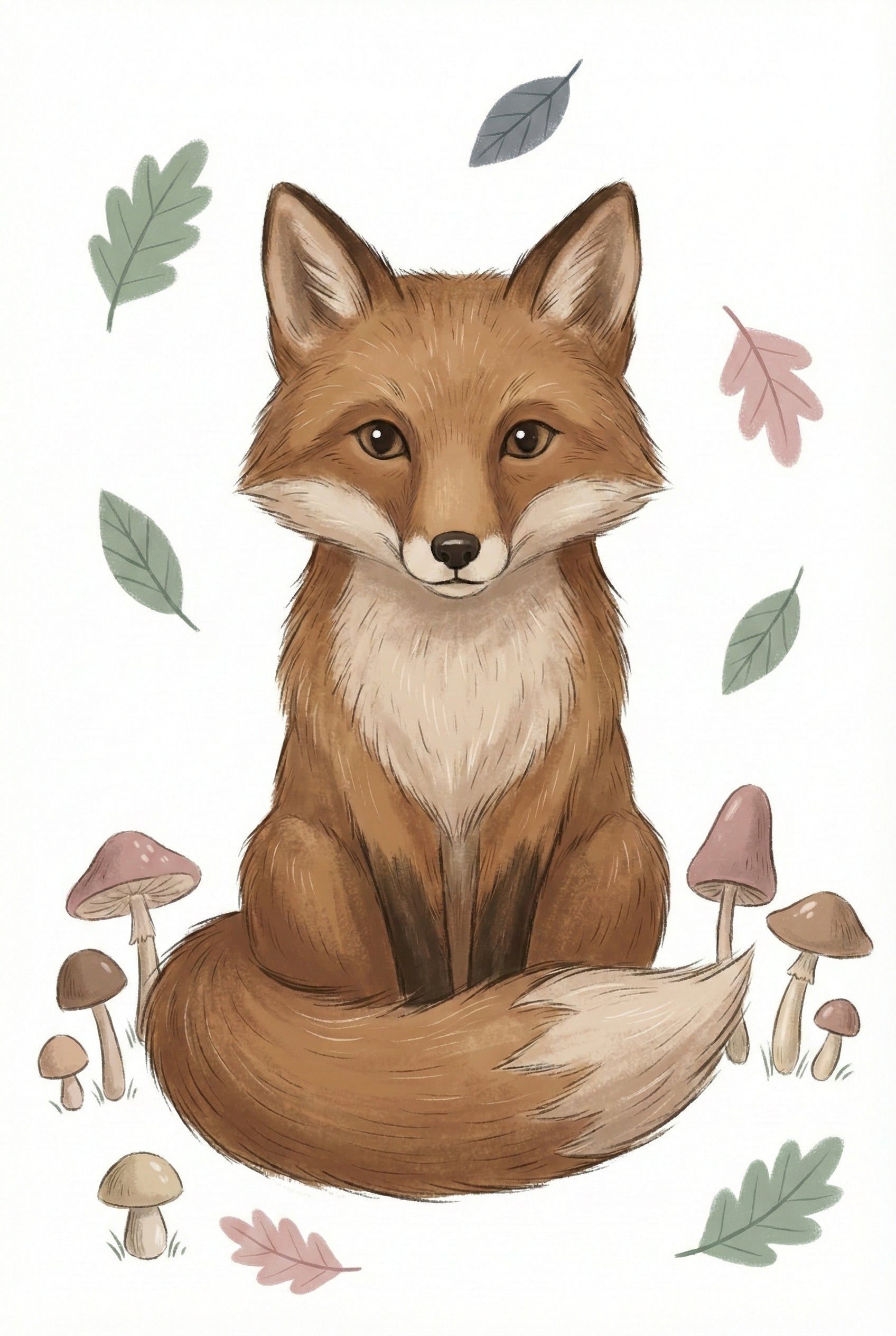A soft-textured illustration of a cute red fox sitting centrally on a white background. The fox faces forward with large ears, expressive brown eyes, and a white chest. Its bushy tail, tipped in white, curls around its base. Scattered around the fox are several falling leaves in shades of muted green and dusty pink, and various small mushrooms with brown and pink caps grow at its feet. The style features delicate, pencil-like lines and a warm color palette.