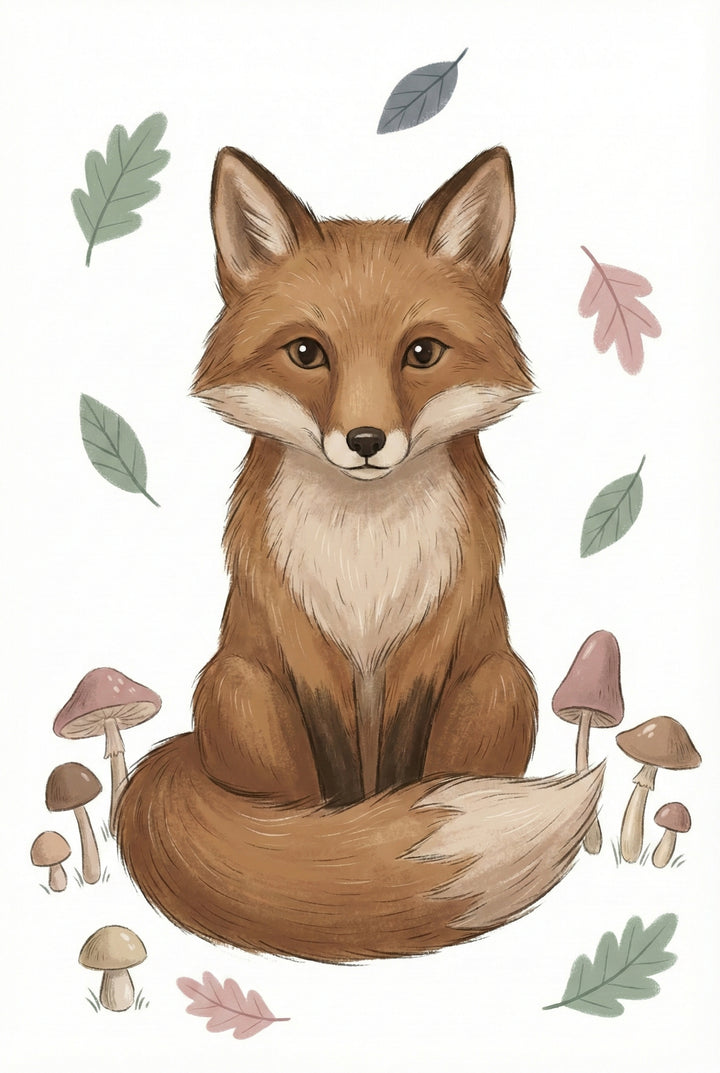 A soft-textured illustration of a cute red fox sitting centrally on a white background. The fox faces forward with large ears, expressive brown eyes, and a white chest. Its bushy tail, tipped in white, curls around its base. Scattered around the fox are several falling leaves in shades of muted green and dusty pink, and various small mushrooms with brown and pink caps grow at its feet. The style features delicate, pencil-like lines and a warm color palette.