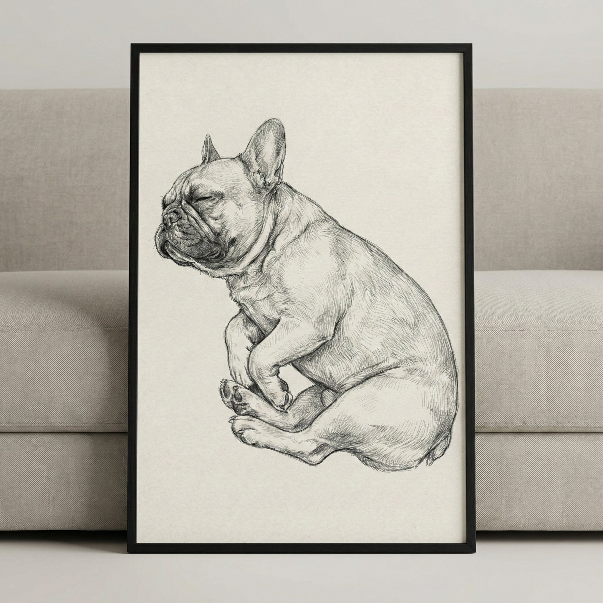 A framed black and white pencil sketch of a sleeping French Bulldog curled into a ball. The detailed drawing, featuring realistic shading and fine lines, is set against a plain cream background. The art is housed in a thin black vertical frame and is propped up against a light grey, fabric-textured sofa.