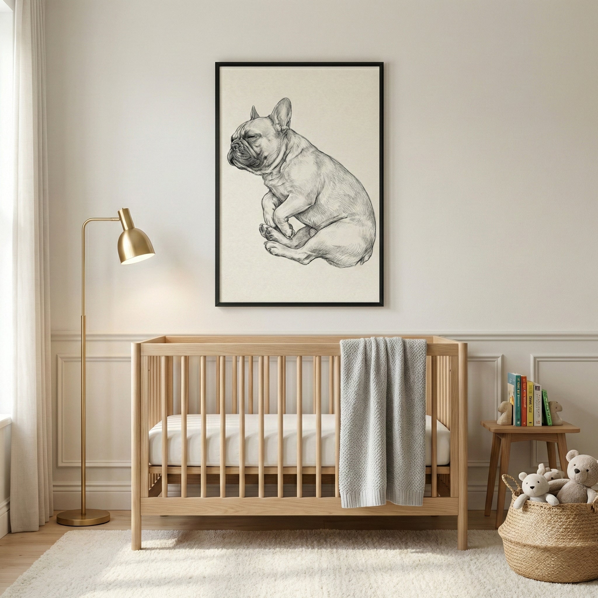 A minimalist nursery featuring a light-toned wooden crib centered under a large framed charcoal drawing of a sleeping bulldog on a white wall. To the left, a tall gold floor lamp stands beside sheer white curtains. A grey knitted blanket is draped over the side of the crib. To the right, a small wooden stool holds a row of colorful books, and a woven basket filled with plush bears sits on a textured white rug.