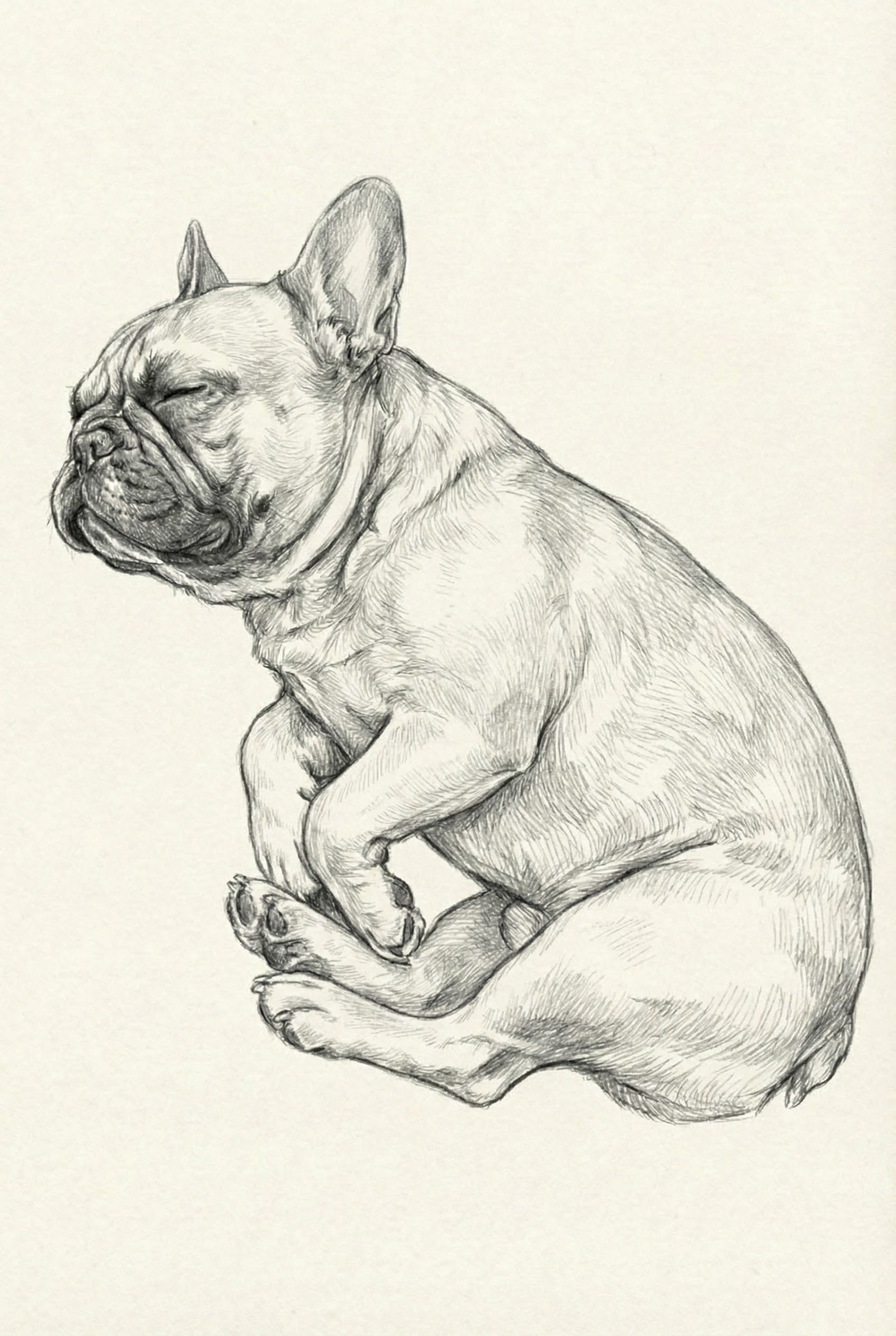 Realistic pencil sketch of a French Bulldog sleeping in a curled sitting position, with its eyes closed and legs tucked in.