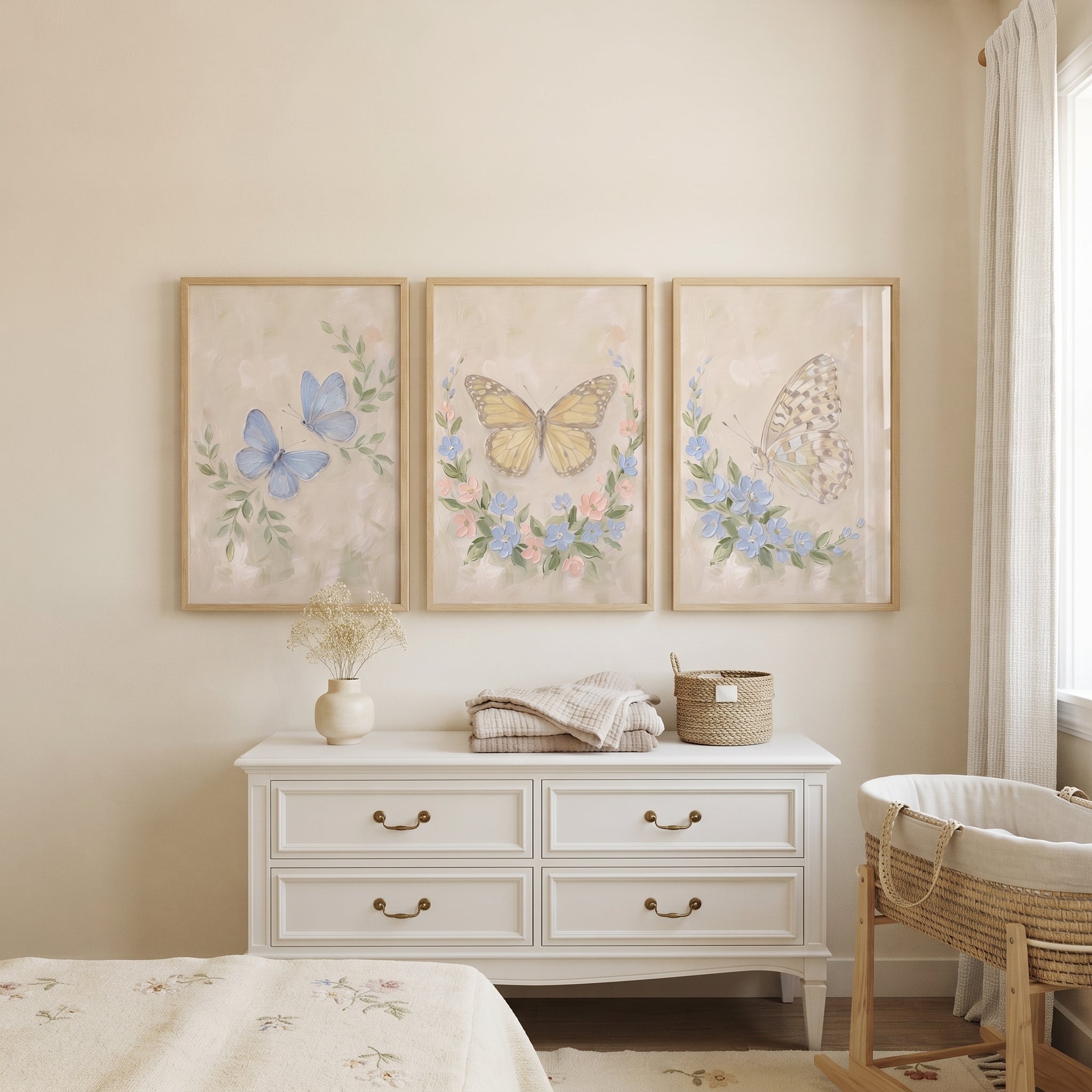 French Cottage Garden Butterfly Wall Art Set of 3 - Pastel Butterfly Dreams