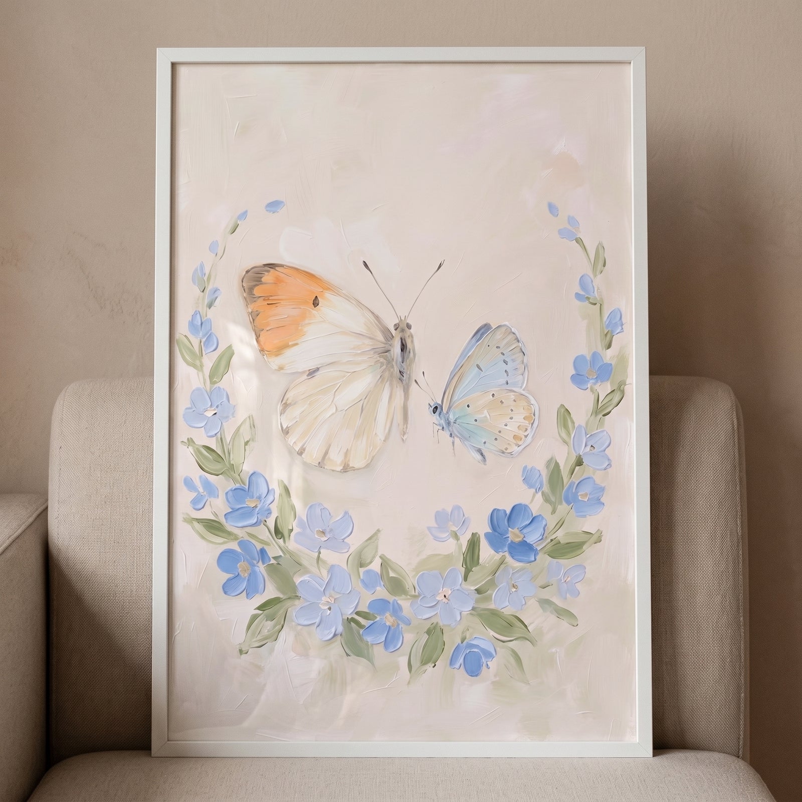 French country floral butterflies wall art with blue blossoms and two butterflies in a white frame.