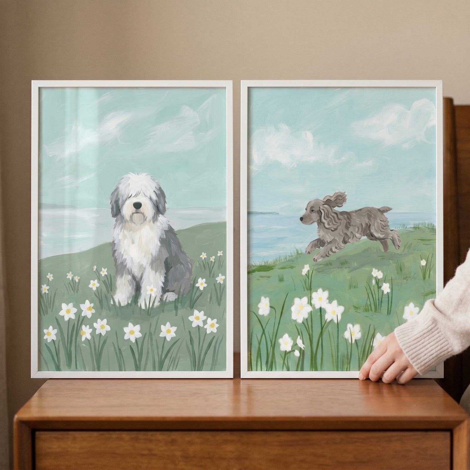 French country floral dogs wall art set of 2 featuring a sheepdog and spaniel in fields of white flowers.