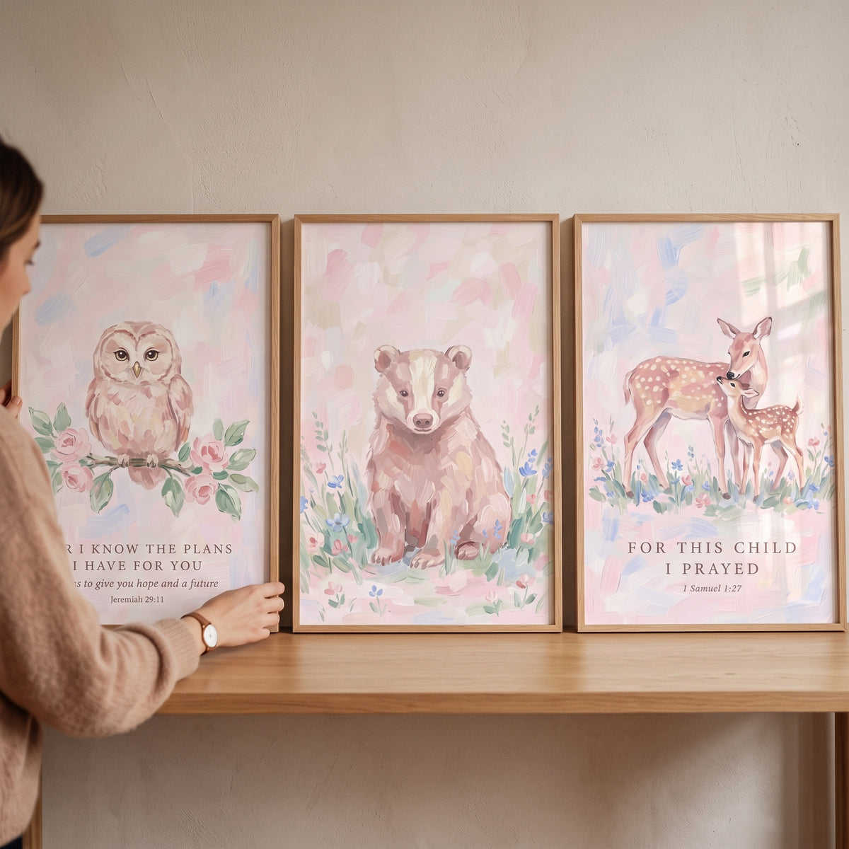 French country forest animals wall art set of 3 featuring an owl, bear, and deer with scripture on a wooden shelf.