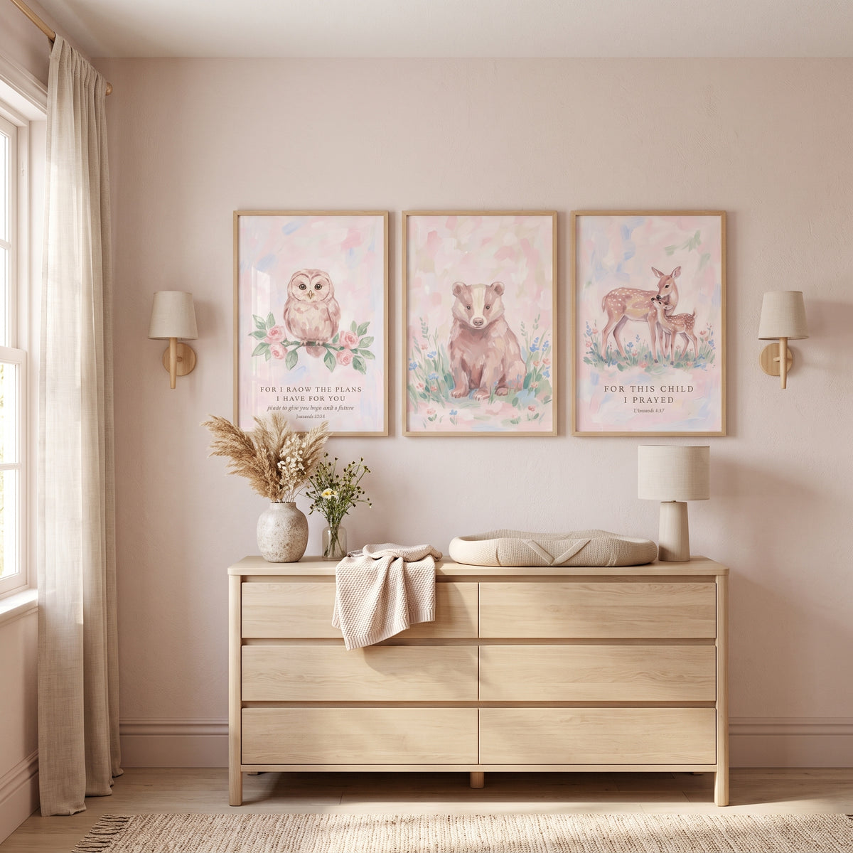French Country Forest Animals Wall Art Set of 3 - Nursery Scripture Decor
