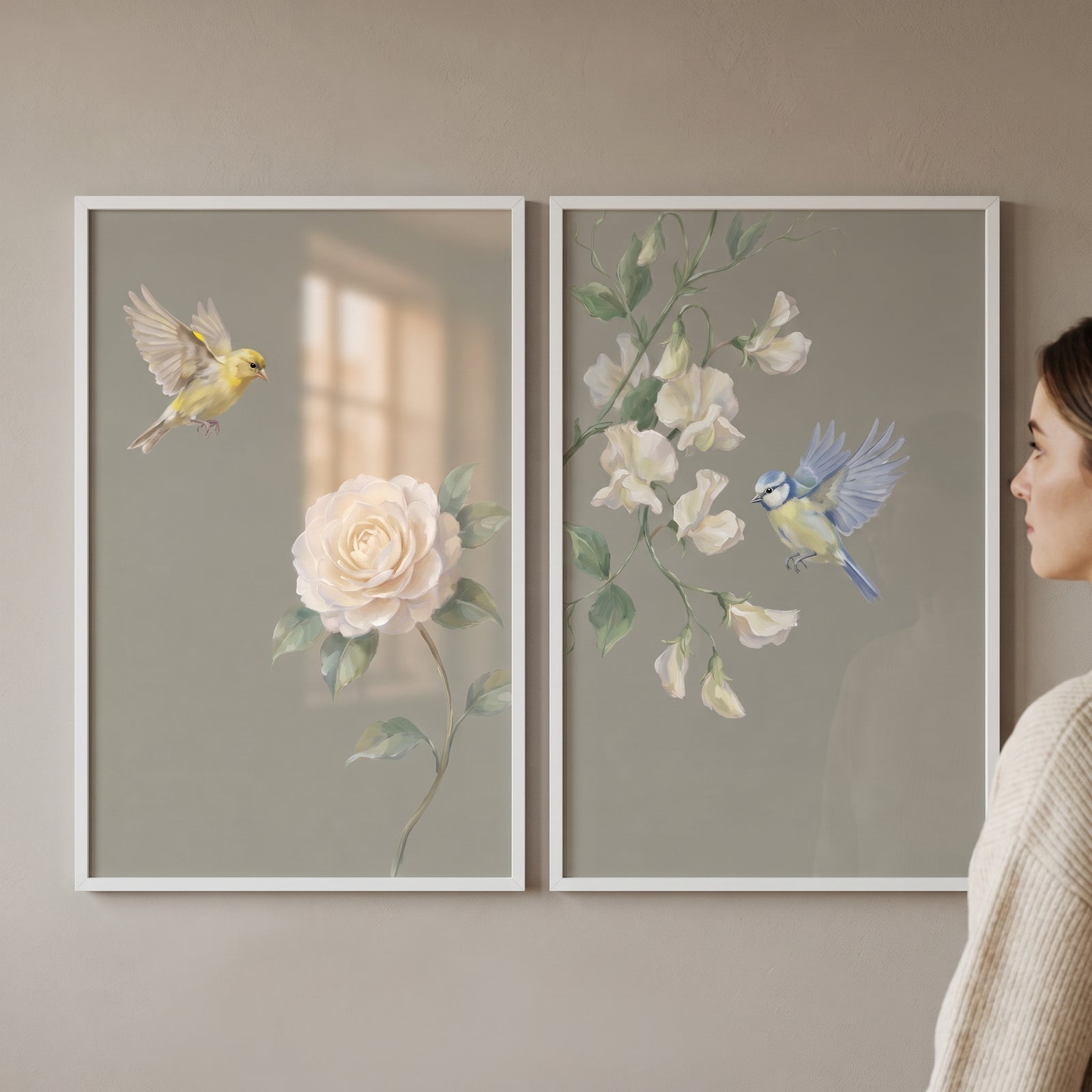 French country garden bird wall art set of 2 with a white rose, sweet peas, and birds on a sage green background.
