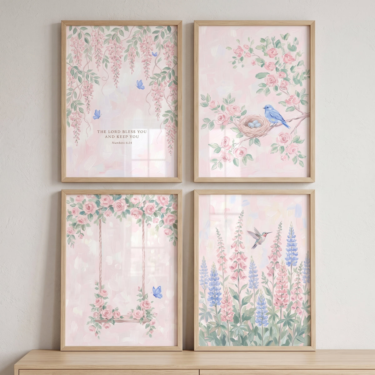 French country pink garden wall art set of 4 with floral scenes, a bird nest, hummingbird, and rose-covered swing.