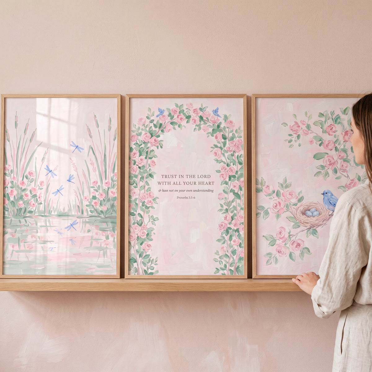 French Country Rose Garden Artwork Set of 3 - Sacred Garden Blossoms