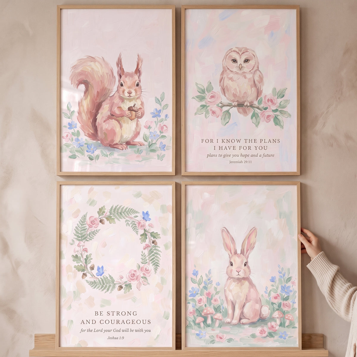 French Country Woodland Floral Wall Art Set of 4 - Whimsical Scripture Art