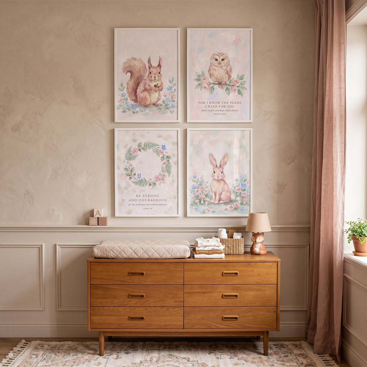 French Country Woodland Floral Wall Art Set of 4 - Whimsical Scripture Art