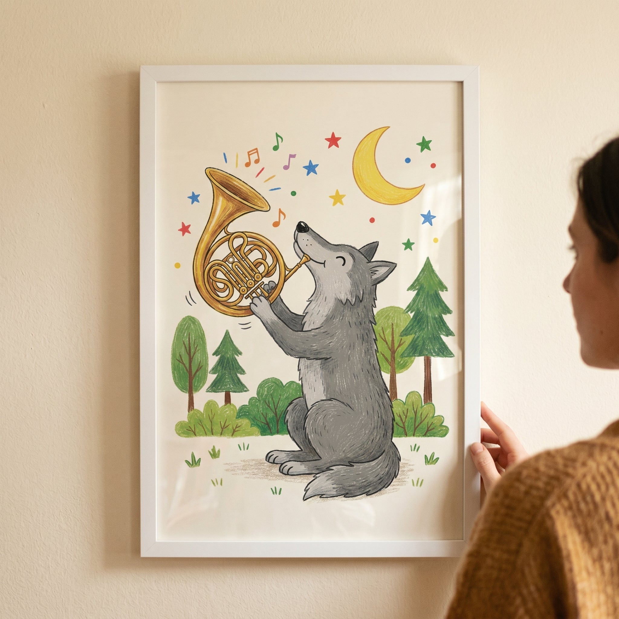 French Horn Playing Wolf Wall Art - Moonlit Wolf Melody